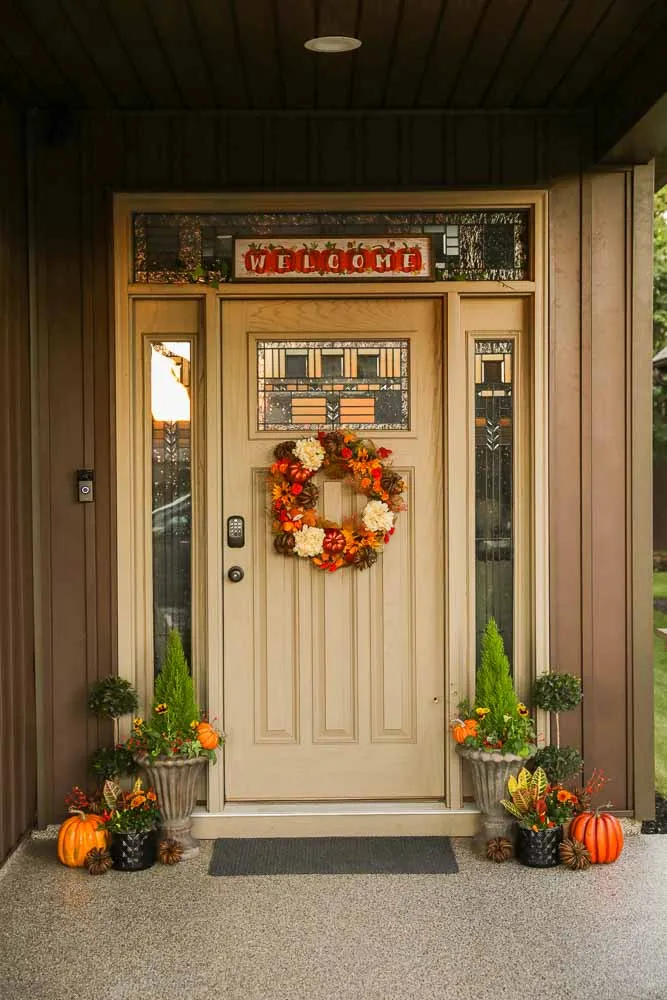 Autumn urn with croton and ornamental cabbage